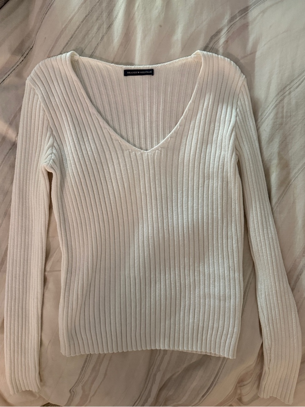 Brandy Melville Cream Ribbed V-Neck Sweater